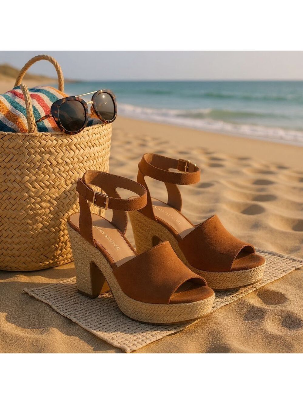 Sun & Stone Micro Suede Cognac Brown Retro Espadrille Platform Sandals 10 M